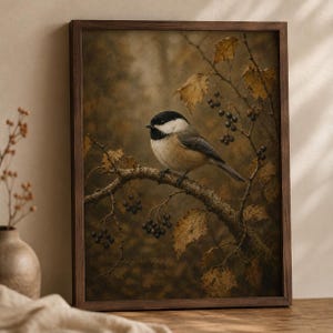 Chickadee songbird on an autumn branch art print in warm gold tones — vintage bird wall art printable, cozy fall decor digital download.