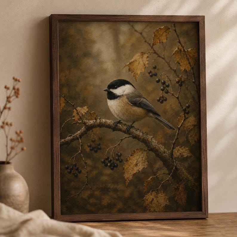 Chickadee songbird on an autumn branch art print in warm gold tones — vintage bird wall art printable, cozy fall decor digital download.