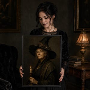 Woman in black holding a framed vintage witch portrait print in a candlelit dark academia fall room — from a 280+ piece Halloween fall decor bundle, digital download.