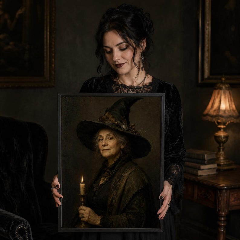 Woman in black holding a framed vintage witch portrait print in a candlelit dark academia fall room — from a 280+ piece Halloween fall decor bundle, digital download.