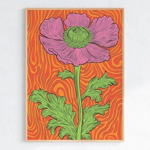 Arte de pared con flores psicodélicas, impresión botánica retro, descarga digital psicodélica, póster de arte pop bohemio, estética colorida de los años 70