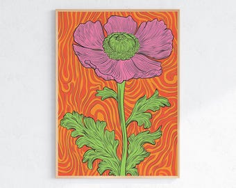 Psychedelic Flower Wall Art: Retro 70s Botanical Print (Digital Download)