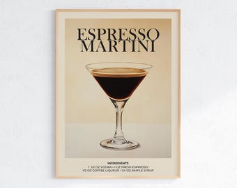 Lámina con receta de Espresso Martini: Arte minimalista para carrito de bar (Descarga digital)
