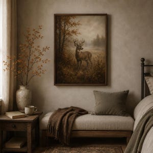 Deer standing in a golden autumn forest art print above a bench — moody fall print, vintage woodland wall art from a seasonal bundle download.