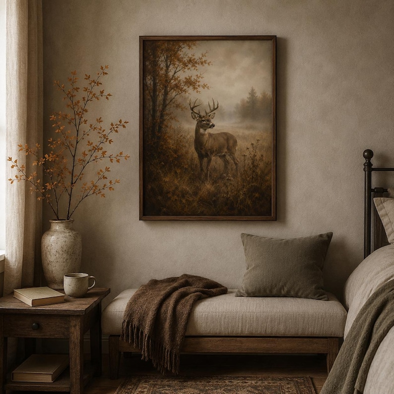 Deer standing in a golden autumn forest art print above a bench — moody fall print, vintage woodland wall art from a seasonal bundle download.