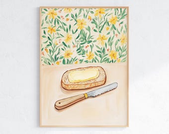Lámina de cocina con pan de mantequilla: Arte culinario rústico vintage (Descarga digital)