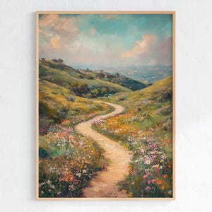 Wildblumen Weg Wandkunst, Cottagecore Landschaft druckbare, rustikale Natur digitaler Download, Wiese Malerei, ruhige Landschaft Poster