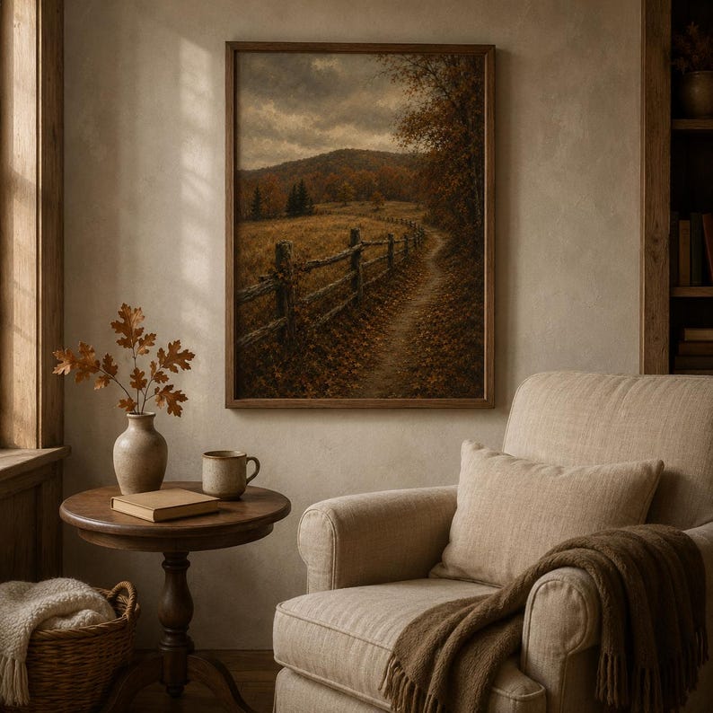 Golden country road with wooden fence and autumn trees art print above a cream armchair — cozy fall decor printable from a 280+ vintage seasonal bundle.