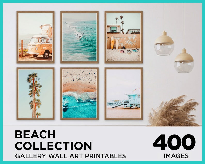 400 Pieces Beach Wall Art Prints, Coastal Prints, Beach Prints, California Prints, Ocean, Beach, Palm Prints, Tropical Vibes, Surfing Poster 