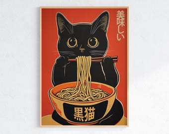 Lámina vintage japonesa de ramen con gato: Arte de cocina kawaii (Descarga digital)