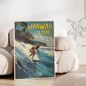 A vibrant ocean wave painting with a surfer in motion. The poster has a nostalgic 1960s feel, perfect for surf lovers and beach enthusiasts.