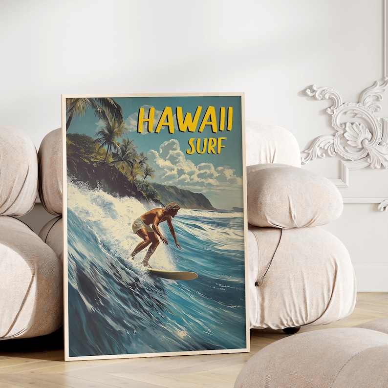 A vibrant ocean wave painting with a surfer in motion. The poster has a nostalgic 1960s feel, perfect for surf lovers and beach enthusiasts.