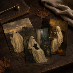 Flat lay of vintage Halloween ghost prints on a dark desk with autumn leaves — 280+ piece Halloween and fall printable wall art bundle, 300 DPI download.