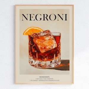 Póster de cóctel Negroni, decoración de bar vintage, receta de Negroni imprimible, arte de cóctel retro, impresión de decoración de pared de cocina, descarga digital