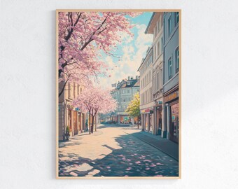 Cherry Blossom Street Art Print: European Cityscape Painting (Digital Download)