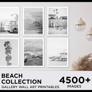 Coastal Vibesコレクション：4500ピースの白黒ビーチウォールアートプリント - サーフィンアート、ヤシの木のプリント、モノグラムポスター