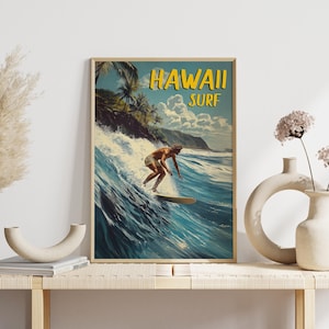 A mid-century style surf print showing a confident wave rider maneuvering through curling water. The warm tones in the sky contrast beautifully with the deep blue sea.