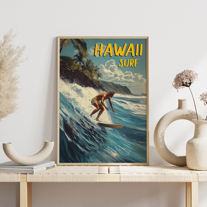 A mid-century style surf print showing a confident wave rider maneuvering through curling water. The warm tones in the sky contrast beautifully with the deep blue sea.