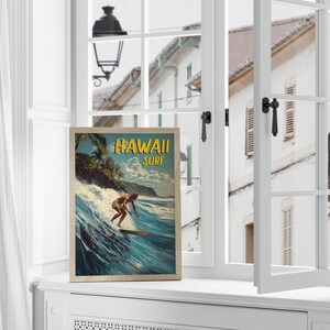 A dynamic surf-themed wall art print with a golden sunset reflecting off the ocean surface. The bold typography adds to the nostalgic beach aesthetic.