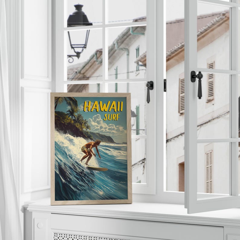 A dynamic surf-themed wall art print with a golden sunset reflecting off the ocean surface. The bold typography adds to the nostalgic beach aesthetic.