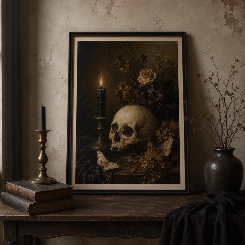 Skull on antique books with candlelight vanitas print in a dark frame — dark academia fall wall art printable, gothic Halloween and autumn bundle download.
