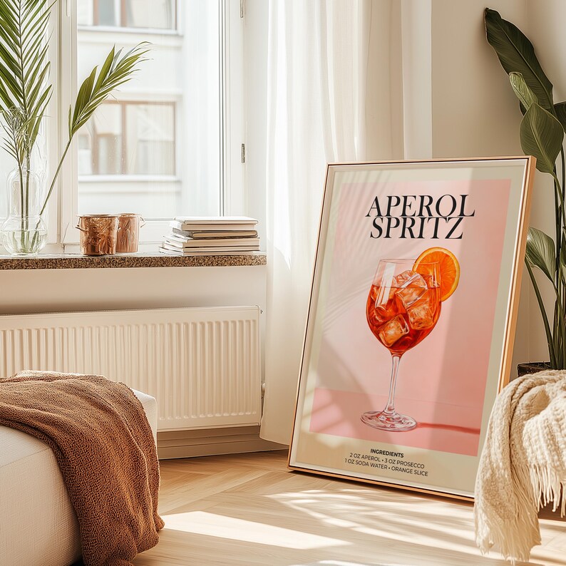 Elegant Aperol Spritz drink art print, ideal for home bar decoration.