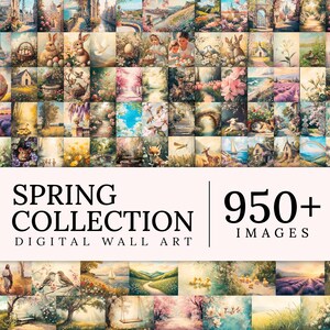 May include: A collage of over 950 digital wall art images featuring spring themes. The images depict scenes of nature, flowers, landscapes, and animals. The text "Spring Collection" and "950+ Images" is displayed at the bottom of the collage.