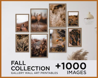 May include: A collection of eight framed photographs featuring various autumnal scenes, including pine cones, branches, and grasses. The frames are all brown wood and the photos are all in warm tones. The text "FALL COLLECTION +1000 IMAGES GALLERY WALL ART PRINTABLES" is at the bottom of the image.