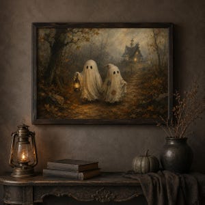Two little ghosts with a lantern art print in a rustic frame — cute vintage Halloween printable, spooky fall decor digital download.