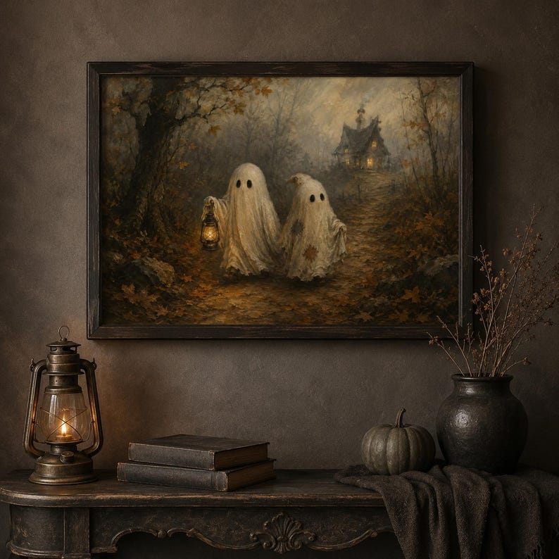Two little ghosts with a lantern art print in a rustic frame — cute vintage Halloween printable, spooky fall decor digital download.