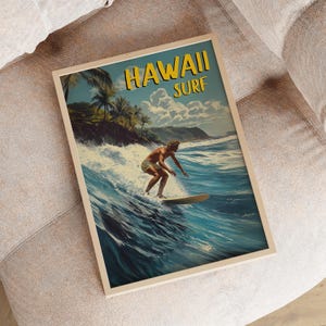 A coastal-inspired printable capturing the essence of the classic surf era. A muscular surfer rides a turquoise wave under a dramatic sky.