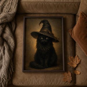 Black cat wearing a witch hat art print resting against a cozy sofa — whimsical vintage Halloween printable from a fall print bundle, digital download.