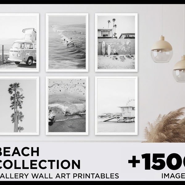 1500 pièces estampes d'art mural plage noir et blanc, estampes côtières, estampes de plage, art surf du Costa Rica, impressions de palmiers, affiche de surf monogramme