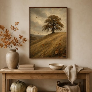 Lone oak tree on a golden autumn hillside art print above a wooden console — vintage fall decor printable, autumn gallery wall digital download.