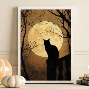 Black Cat Full Moon Art Print: Spooky Witchcore Halloween Decor (Digital Download)