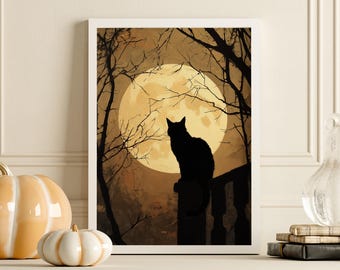Schwarze Katze Vollmond Kunstdruck: Gruselige Halloween Deko (Digitaler Download)