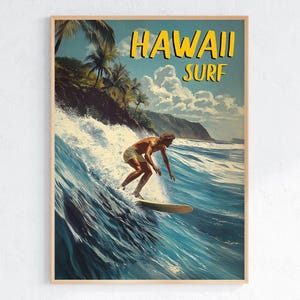 A vintage-style illustration of a surfer riding a massive wave near a tropical Hawaiian beach. The poster has bold yellow text reading "Hawaii Surf."