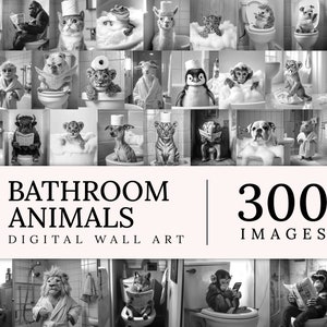 Lustiges Badezimmer Wand Kunst Set, Tier sitzt auf der Toilette, lustiges Tier Badewannendruck, Bademantel Tiere Dekor, Haustier Porträt, Tier Humor