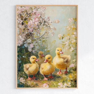 Arte de pared imprimible con diseño de patitos, estampado de animales estilo cottagecore, decoración de guardería de estilo rústico, descarga digital de primavera, póster para habitación de bebé