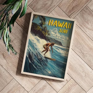 A retro Hawaii travel poster showcasing a vintage surfing scene with a textured, hand-painted look. The background features green palm trees and rolling hills.