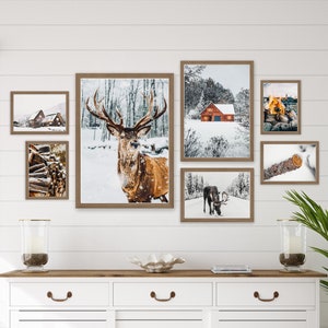 Winter Prints, Farmhouse Christmas Gallery Wall Art, Reindeer Prints, Rustic Holiday Prints, Cozy Mountain Poster, Snowy Forest Prints