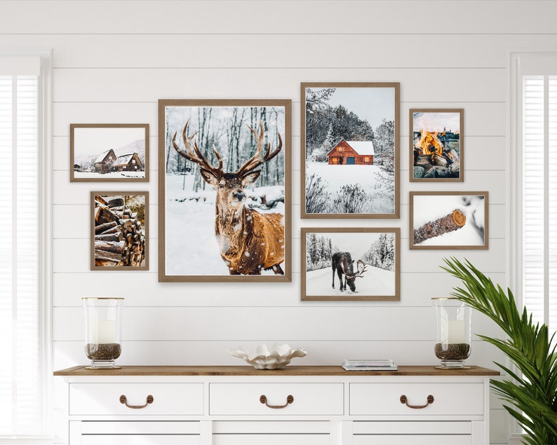 Winter Prints, Farmhouse Christmas Gallery Wall Art, Reindeer Prints, Rustic Holiday Prints, Cozy Mountain Poster, Snowy Forest Prints