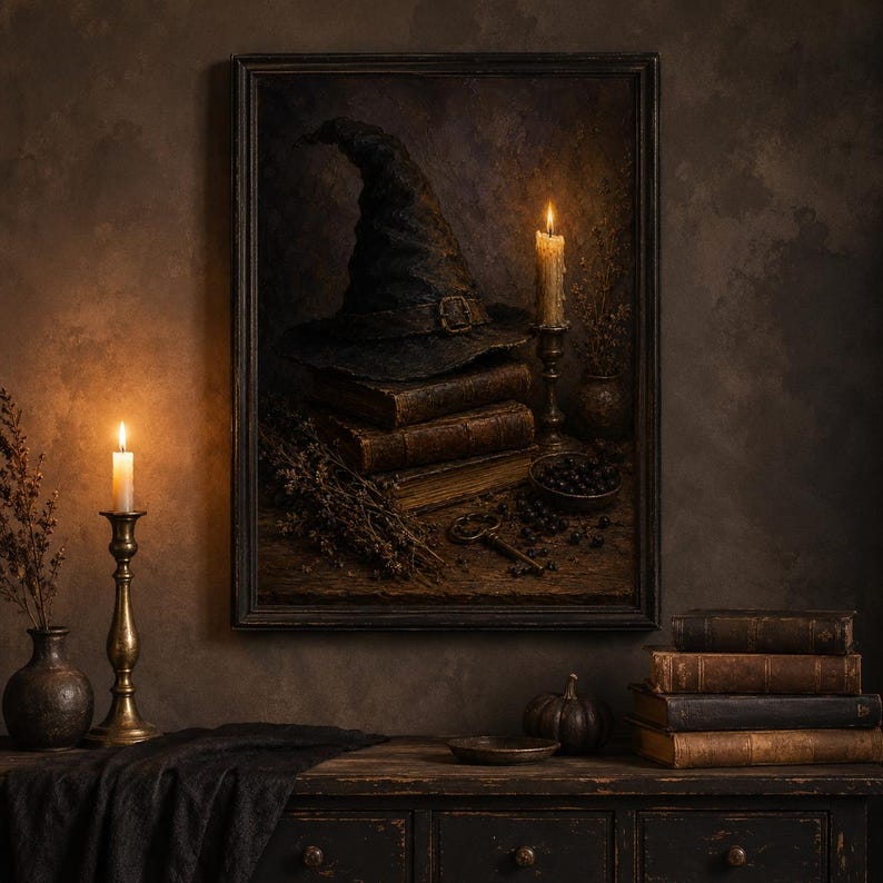 Vintage witch hat resting on antique books with candlelight art print in a dark frame — dark academia fall still life printable from a Halloween and fall decor bundle.