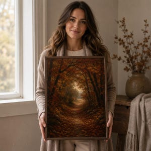 Woman holding a framed vintage autumn tree art print by a bright window — warm fall wall art from a 280+ Halloween and fall print bundle, digital download.