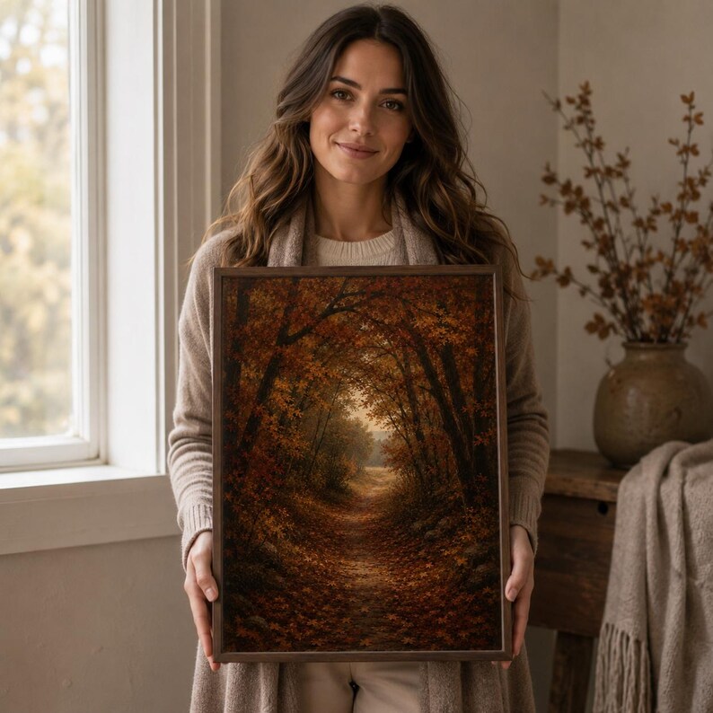 Woman holding a framed vintage autumn tree art print by a bright window — warm fall wall art from a 280+ Halloween and fall print bundle, digital download.