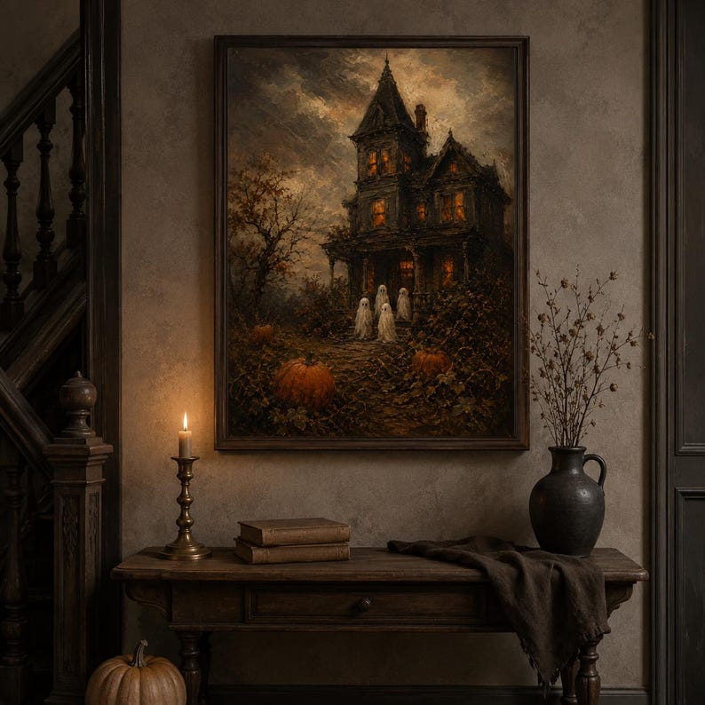 Haunted Victorian mansion art print framed above a console with candles and books — spooky fall decor printable from a vintage Halloween and fall art bundle.