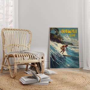A retro surfing poster featuring a skilled surfer balancing on a longboard as he carves through an ocean wave. The scene is framed by palm trees and a dramatic coastline.