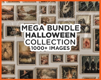 Könnte beinhalten: Eine weiße Wand mit einer Sammlung gerahmter Bilder, viele mit Halloween-Motiven, darunter eine Spinne, ein Geist, eine Hexe und ein Kürbis. Der Text "MEGA BUNDLE HALLOWEEN COLLECTION 1000+ IMAGES" wird in der Mitte des Bildes angezeigt.