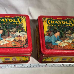 Lot of 2 Vintage 1992 Crayola Christmas Tin with Crayons Holiday Wishes Metal Box Made in US