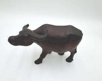 Vintage Dark Medium Wood Hand Carved Water Buffalo Ox Sculpture Figurine 6&quot; Long